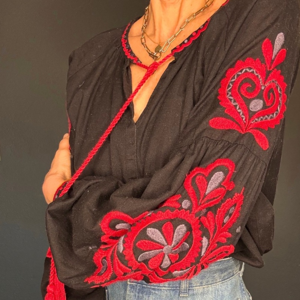 Black Blouse with Red Embroidery
